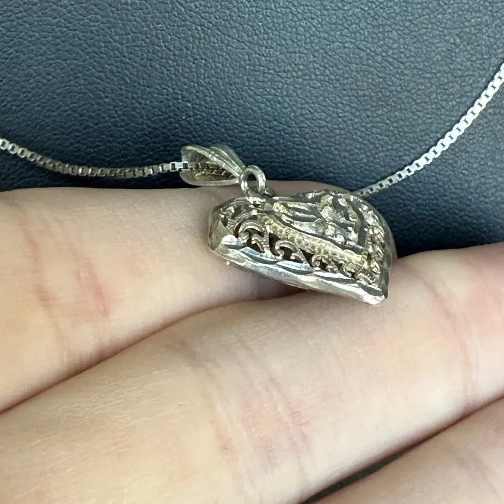 VTG STERLING SILVER 20” Chain Necklace DIAMOND CUT HEART PENDANT Filigree Birds